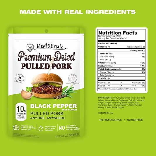 Meat Shredz - Premium Dried Pulled Pork (Black Pepper, 4 Pack) | Gluten Free | High Protein & Low Sugar | Bacon Bits | Dehydrated Backpacking & Camping Food | Shredded, Dried Jerky Chew Snack