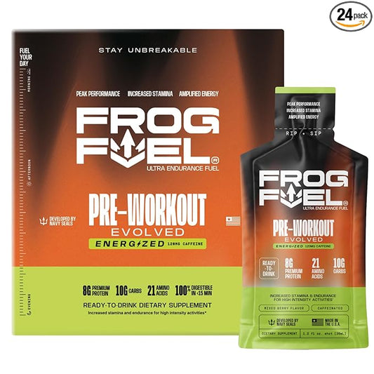 Frog Fuel Ultra Energized Pre Workout Shot & Energy Gel, 120mg Caffeine, 1500mg Beta Alanine, Electrolytes 8g Protein Nano-Hydrolyzed Grass Fed Collagen, 10g Carbs, Berry, 1.2 oz Packets, 24 Pack