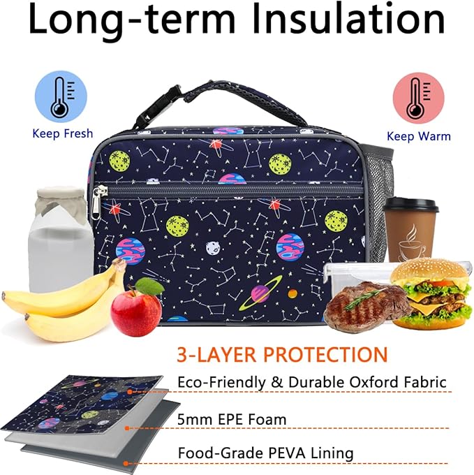 Insulated Lunch Box for School, Thermal Reusable Durable Freezable Lunch Bags for Kids Boys Girls Men Women - Small Soft Cooler Portable Lunch Tote Kit for Work Picnic Travel,Constellation