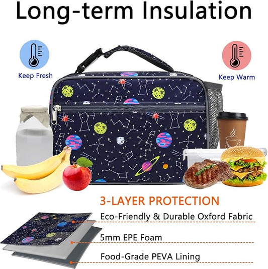 Insulated Lunch Box for School, Thermal Reusable Durable Freezable Lunch Bags for Kids Boys Girls Men Women - Small Soft Cooler Portable Lunch Tote Kit for Work Picnic Travel,Constellation