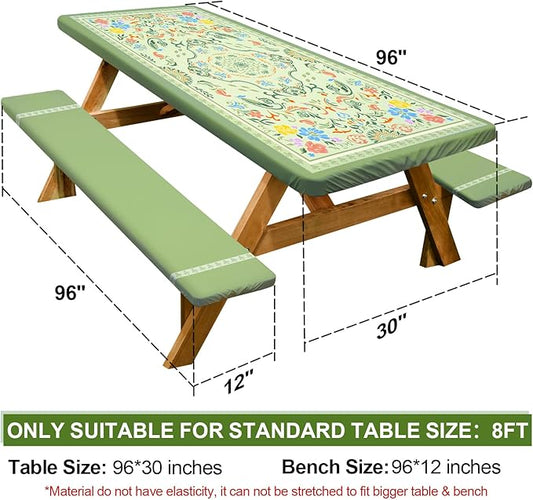 Picnic Table Cover with Bench Covers Camping Essentials Waterproof Windproof Camping Tablecloth with Drawstring Bag, Fitted Rectangle Tables and Seats, 96in, Green with Colorful Flowers