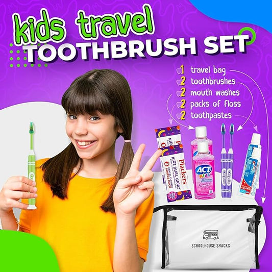 Kids Travel Size Toiletries Bag with Essential Oral Care Items - Bundled with Crest Kids Toothpaste, Travel toothbrush kids, ACT Mouthwash, Floss Packs - Ideal Essentials for Children