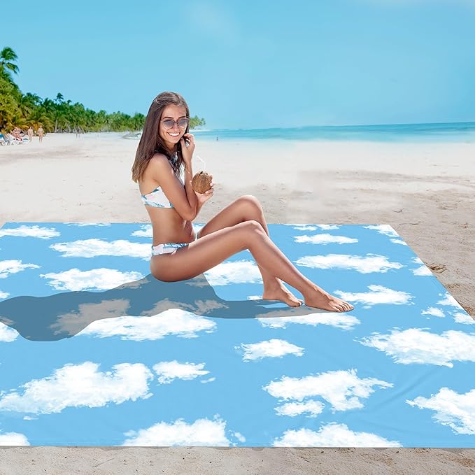 SkyNautre Waterproof Sandproof Beach Blanket, 110''×118'' Oversized Sand Free Beach Mat with 4 Stakes & Storage Bag, Extra Large Big Compact Outdoor Essentials for Picnic, Camping - Clouds