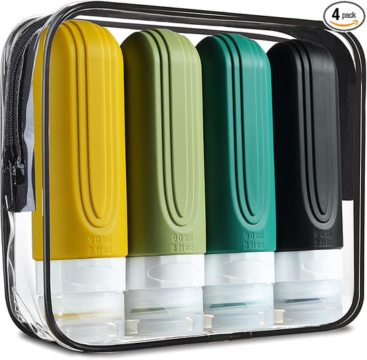 Travel Bottles for Toiletries, Tsa Approved 3oz Travel Size Containers BPA Free Leak Proof Refillable Liquid Silicone Squeezable Travel Accessories for Shampoo Conditioner Lotion (4 Pack)