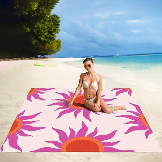 Large Beach Blanket Waterproof Sandproof, 86"×78" Beach Mat Sand Free for 2-4 Adults with Stakes and Sand Pocket, Foldable Picnic Blankets for Outdoor, Camping Hiking, Vacation Essentials-Boho Sunset