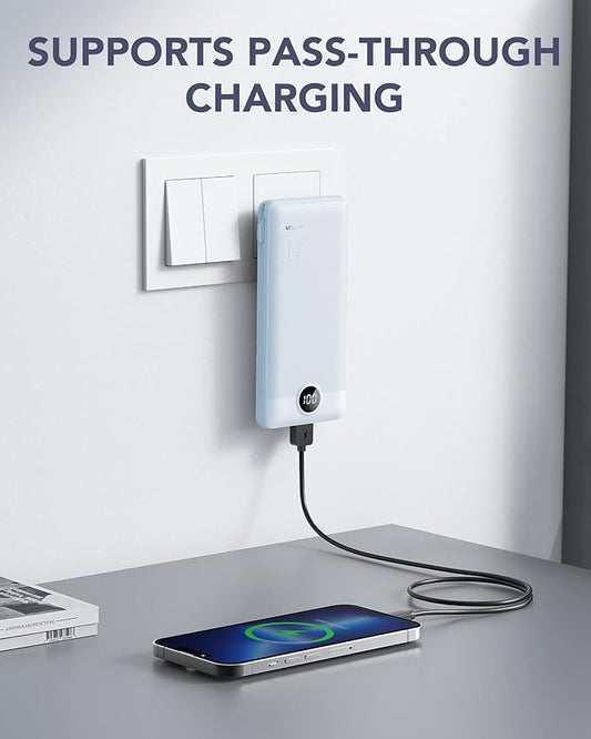 VRURC Portable Charger Built-in Cables and AC Wall Plug, USB C Power Bank 10000mAh, Travel Essentials Phone Charger Compact Lightweight External Battery Pack for Smart Phones, Tablets etc-Blue