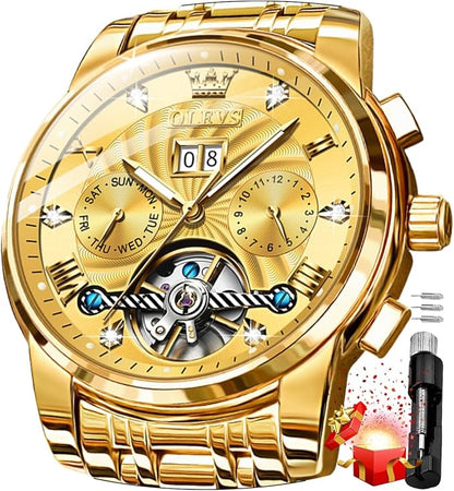 OLEVS Mens Automatic Watches Gold Luxury Diamond Dress Self Winding Mechanical Skeleton Tourbillon Stainless Steel Wrist Watch