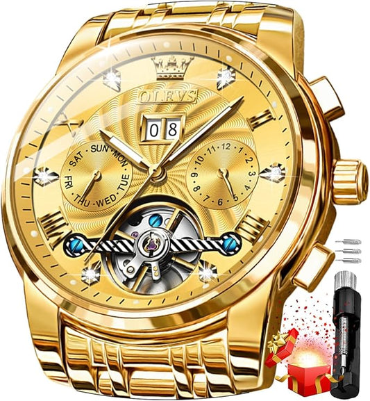 OLEVS Mens Automatic Watches Gold Luxury Diamond Dress Self Winding Mechanical Skeleton Tourbillon Stainless Steel Wrist Watch