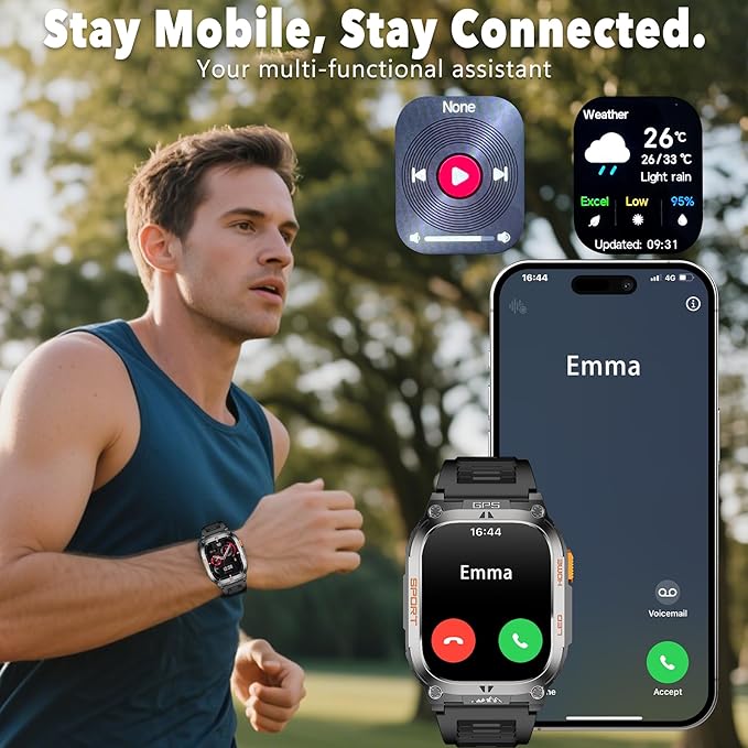 Smart Watch Built-in GPS, 2.01" TFT HD Fitness Watches for Android Phones and iPhone,170+ Sport Modes with Flashlight-Answer/Make Call (Add an Orange Silicone Watch Strap)