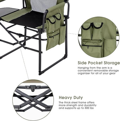 Wide Folding Director Chair with Table, Outdoor Camping Chair for Adults with Cup Holder Load 330 Lbs, Portable Lightweight Chair for Outside with Carry Bag for Patio, Green-2Pack