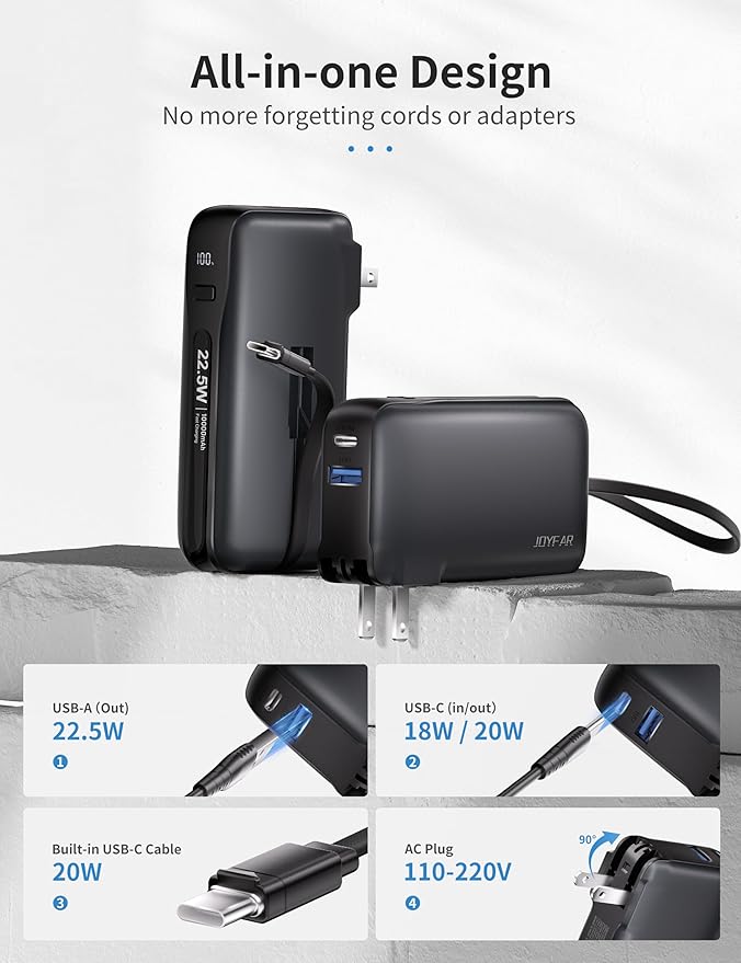 22.5W Portable Charger with Built-in USB-C Cable & Wall Plug, 10,000mAh Fast Charging USB C Power Bank, Travel Essential Battery Pack for iPhone 16/15 Series, Samsung Galaxy, iPad More Devices