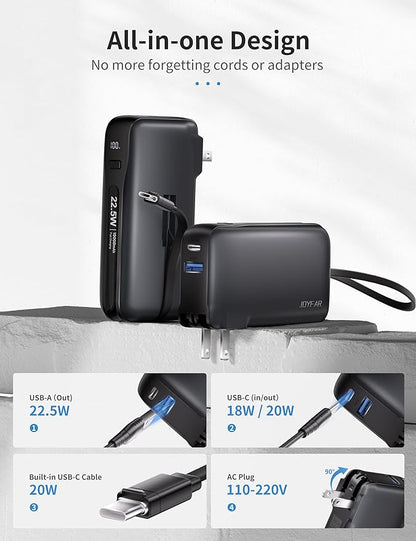 22.5W Portable Charger with Built-in USB-C Cable & Wall Plug, 10,000mAh Fast Charging USB C Power Bank, Travel Essential Battery Pack for iPhone 16/15 Series, Samsung Galaxy, iPad More Devices