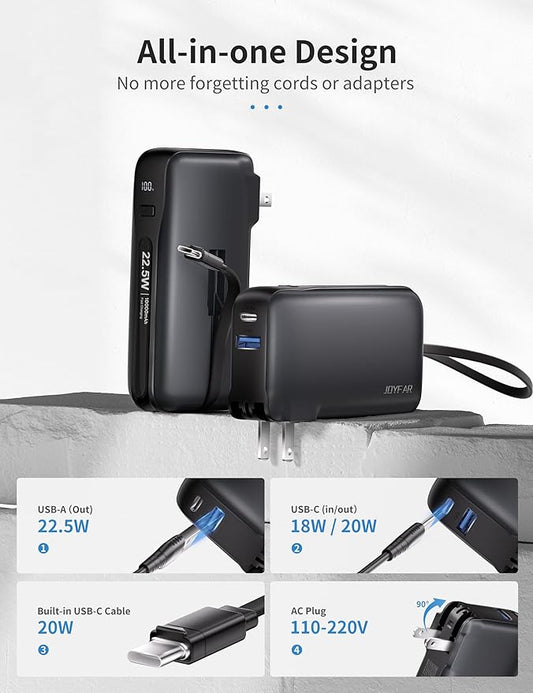 22.5W Portable Charger with Built-in USB-C Cable & Wall Plug, 10,000mAh Fast Charging USB C Power Bank, Travel Essential Battery Pack for iPhone 16/15 Series, Samsung Galaxy, iPad More Devices