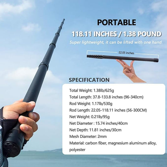 9ft/11.15ft Extra Long Fishing Net with Telescoping Handle, Carbon Fiber Extendable Landing Net, Dip Net for Fishing, Crab nets for Crabbing, Rubber Coated Netting, Holds up to 20lbs