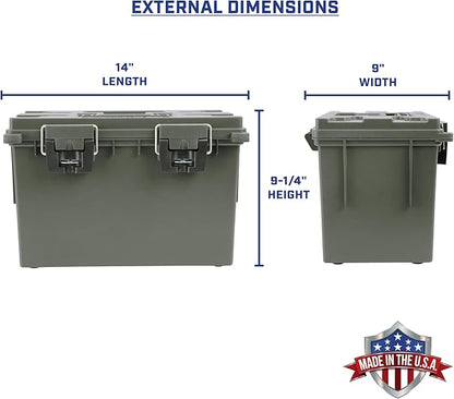 Sheffield 12765 4-Pack XL Ammo Storage Box, Stackable .50 Cal Field Boxes, Water and Dust Resistant, Lockable Storage Box with Handle, Heavy Duty Protection for Hunting Gear, Made in the USA, Green