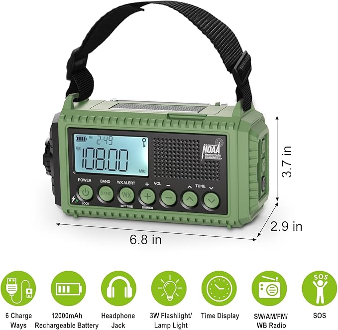 Raynic Emergency Radio, 12000mAh/44400mWh Battery Operated Weather Radio, Solar Hand Crank Radio with AM/FM/SW/NOAA Alert, Cell Phone Charger, Type-C Charging, Flashlight and SOS Siren