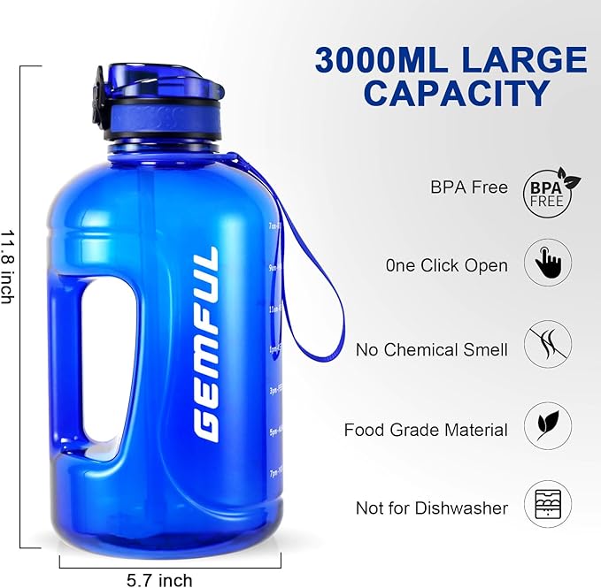 GEMFUL 3L Water Bottle with Straw & Handle, Large Capacity Leakproof BPA-Free Time Marker Motivational Jug for Outdoor Camping Fitness Men & Women (Royal Blue with Removable Straw)