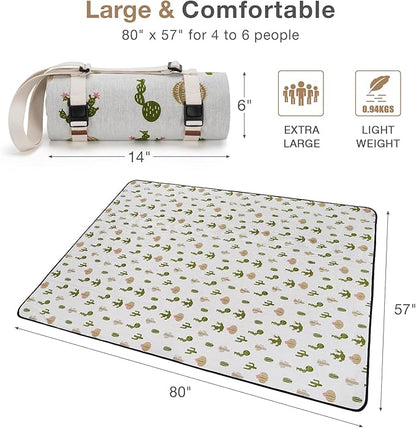 Picnic Blankets Washable | Beach Mat Sand Free Waterproof | Camping Blankets | Emergency Blankets | Picnic Baskets Accessories with Waterproof Backing and Shoulder Strap - Cactus