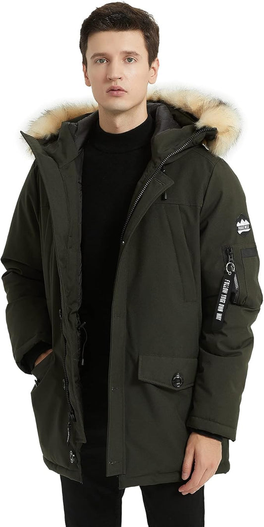 PUREMSX Winter Jackets for Men, Insulated Thick Warm Padded Puffer Coat with Fur Hood