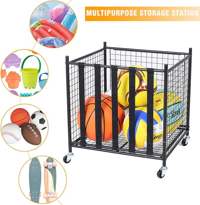 Snail Garage Sports Equipment Storage Organizer Sports Ball Storage Rolling Cart with Basket and Hooks Lockable Sports Ball Cage Storage Rack for Garages, Playgroup, Gym and Schools, Black