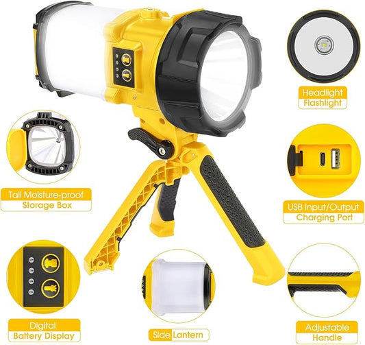 Rechargeable Camping Lantern, 6 Modes LED Flashlight Handheld Spotlight with 2000LM, 4400mAh Power Bank, IPX4 Waterproof Searchlight Work Light for Emergency Hiking Survival Kits