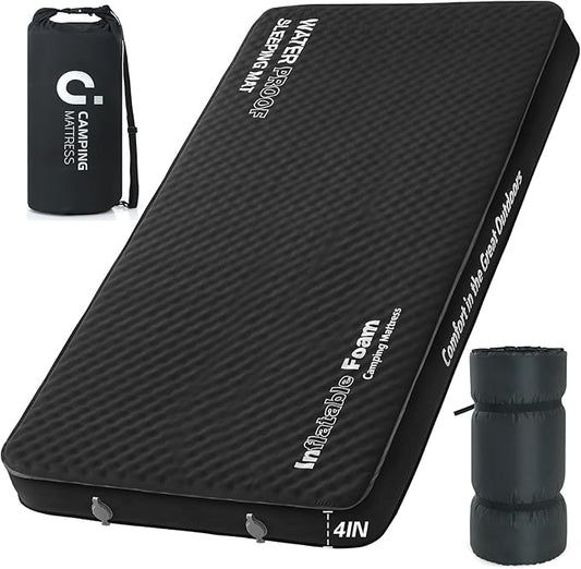 CYMULA Self Inflating Double Sleeping Pad, 4in Ultra-Thick Foam Camping Mattress 2 Person with Air Pump Sack,Camping Beds for Adults Inflatable Sleeping Mat Camping Essentials for Travel, Tent, Black