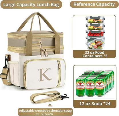 LOKASS Personalized Lunch Bag for Women Work, 16L Initial Insulated Lunch box for Adult/Womens Gift, Leakproof Personalized Gift Lunchbag with Adjustable Shoulder Strap, Cooler Bag Beige - R