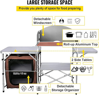 VEVOR Camping Kitchen Table, Aluminum Portable Folding Camp Cook Station with Windscreen, Cupboard, Storage Organizer, Carrying Bag, Quick Installation for Outdoor Picnic Beach BBQ RV Traveling, Brown