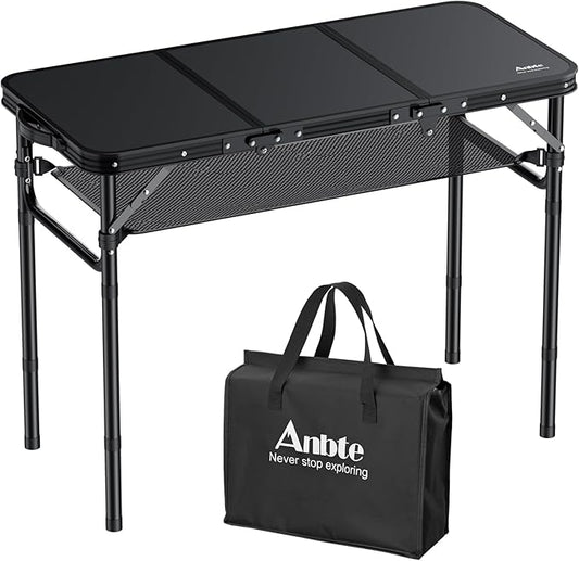 Folding Camping Table with Storage Net, 3ft Camping Table Aluminum Folding Table with 3 Adjustable Height Max 27.5 Inch Picnic Table Portable Table for Outdoor Backyard BBQ, Pure Black