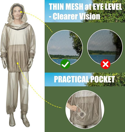 4-Piece Net Suit S/M, Full Body Jacket with Zippered Hood, Pants, Gloves & Foot Covers, Thickened Breathable Mesh, Adjustable Fit for Men & Women, Lightweight for Outdoor, Camping, Fishing & Gardening