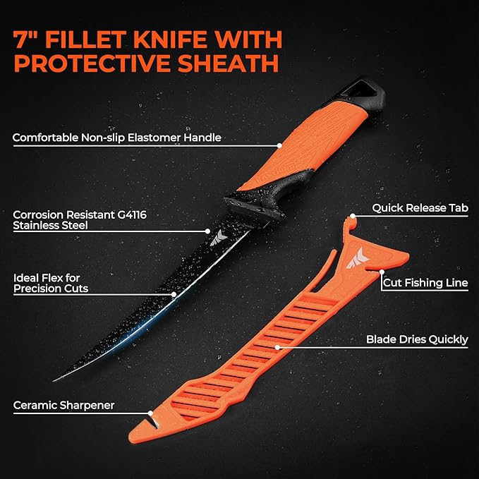 KastKing ToughTide Fishing Tool Kit, Rechargeable Digital Fish Scale with Lip Grip & Tape Measure, 7” Fillet Knife with Sheath & Sharpener, 8” Split Ring Fishing Pliers