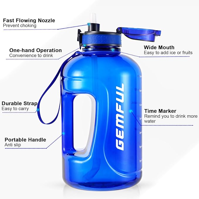 GEMFUL 3L Water Bottle with Straw & Handle, Large Capacity Leakproof BPA-Free Time Marker Motivational Jug for Outdoor Camping Fitness Men & Women (Royal Blue with Removable Straw)