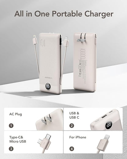 VEGER Portable Charger with Built-in AC Plug and Cables, All in One 10000mAh Ultra-Slim Power Bank, 15W Fast Charging for iPhone, Samsung, Android, Travel Essential (Coffee)