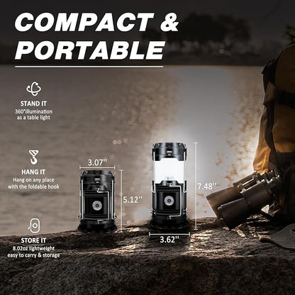 DIBMS Solar Camping Lantern, Collapsible LED Solar USB Rechargeable Lantern Flashlight Emergency Hanging Lights for Camping Hurricanes Power Outages Indoor Outdoor