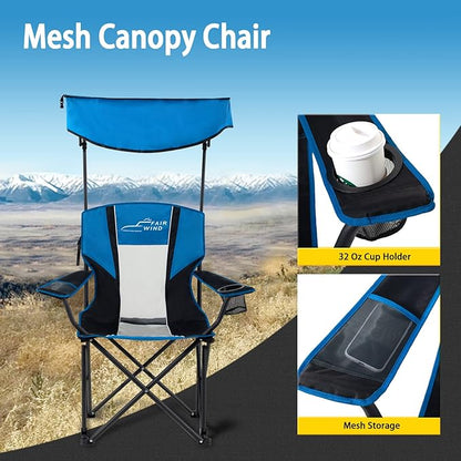 FAIR WIND Oversized Camping Lounge Chair with Adjustable Shade Canopy for Outdoor Sports - Support 350 LBS Heavy Duty Fold Quad Chair Arm Chair
