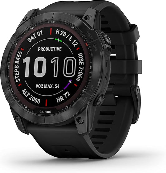 Garmin Fenix 7X Sapphire Solar, Larger Sized Adventure smartwatch, with Solar Charging Capabilities, Rugged Outdoor Watch with GPS, Touchscreen, Wellness Features, Black DLC Titanium with Black Band