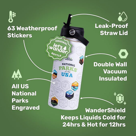 LET'S WANDER National Parks Water Bottle with 3 Lids & 63 Waterproof Stickers - 32oz Leakproof Insulated Stainless Steel with Straw - USA Hiker Gift Bottle (White)