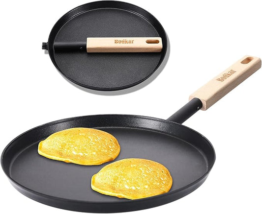 8-inch Frying Pan Skillet Flat Crepe Pan, Lightweight Grill Pan with Wooden Handle for Camping Indoor Outdoor Cooking