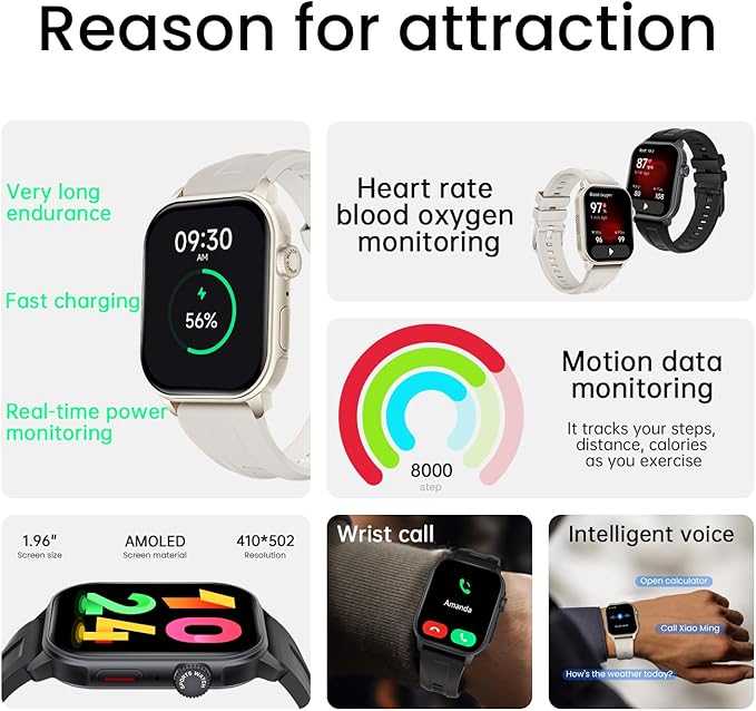 Smart Watch (Answer/Make Call), 1.96" AMOLED Touchscreen GPS Fitness Tracker for Men Women, Heart Rate SpO2 Monitor, Waterproof, Sleep & Activity Tracking Smartwatch for Android iOS