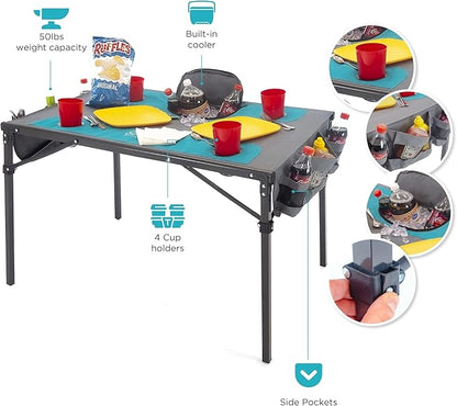 Creative Outdoors Folding Table with Built-in Cooler - Outdoor Portable Camping Table with 4 Cup Holders and Durable Steel Frame - Quality Material (Teal/Gray)