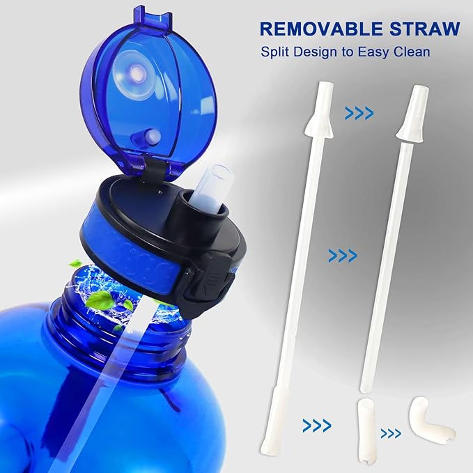 GEMFUL 3L Water Bottle with Straw & Handle, Large Capacity Leakproof BPA-Free Time Marker Motivational Jug for Outdoor Camping Fitness Men & Women (Royal Blue with Removable Straw)