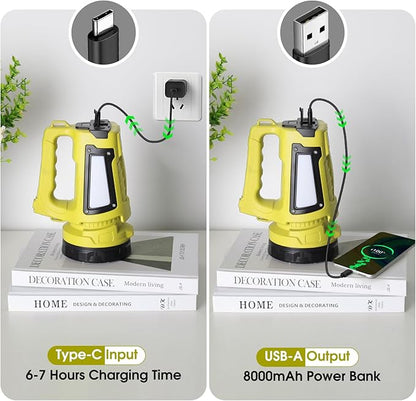 Rechargeable LED Flashlight, Camping Lantern Flashlight with 1000LM, 7 Modes, Power Bank, IPX4 Waterproof Camping Essentials Light for Hurricane Emergency Hiking Survival Kits - Yellow