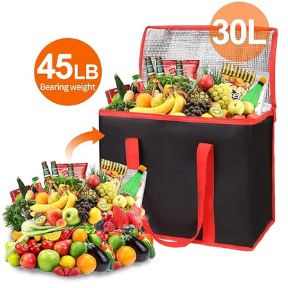 Bodaon 2-Pack Insulated Reusable Grocery Shopping Bags, X-Large Picnic Cooler Bag with Zipper Zippered Top Cold, Black with Red Edge
