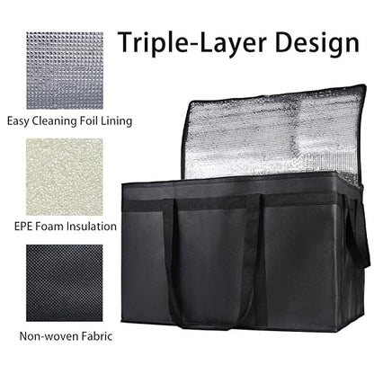 2-Pack Insulated Food Delivery Bag for Hot and Cold Meal, XXXL, Black, Grocery Tote Insulation Bag for Catering, Large Pizza Warmer