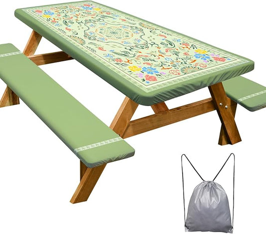 Picnic Table Cover with Bench Covers Camping Essentials Waterproof Windproof Camping Tablecloth with Drawstring Bag, Fitted Rectangle Tables and Seats, 96in, Green with Colorful Flowers