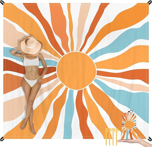 Beach Blanket Waterproof Sandproof, Oversized Picnic Blankets with Stakes and Sand Pockets, Lightweight Quick Drying, Extra-Large Portable Beach Mat for Outdoors, Camping, Hiking Trips-Summer Sunshine