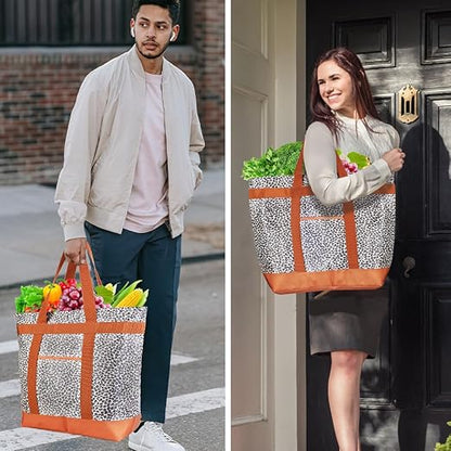 Insulated Reusable Tote Bag for Grocery Shopping for Women/Men, Pizza/Food Delivery Bag to Keep Food Cold/Hot for Uber Eats/Doordash/Grubub, Cooler bags for Travel/Beach/Picnic, Cow Print