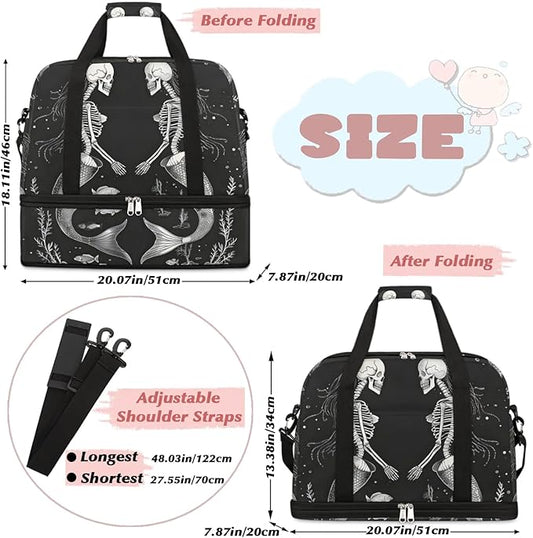 cfpolar Woman Travel Duffel Bag Skull Mermaid Foldable Tote Carry On Luggage Sports Gym Bag With Shoe Compartment Overnight Weekend Yoga Workout Bag Training Handbag
