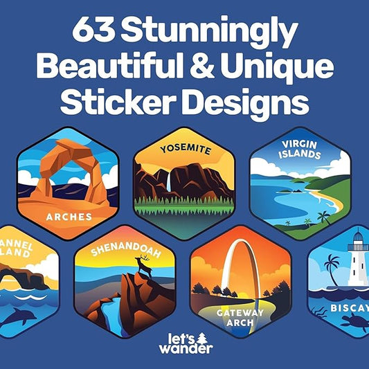 LET'S WANDER National Parks Water Bottle with 63 Waterproof Stickers - 32oz Leakproof Insulated Stainless Steel with Straw - USA Hiker Gift Bottle (White/Blue)