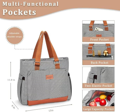 Large Women Lunch Bags for Work/Insulated Adult Lunch Box/Leakproof Cooler Lunch Tote Bag with Storage Pocket. Reusable Lunch Cooler Purse for Work Picnic Hiking 14L, Stripe